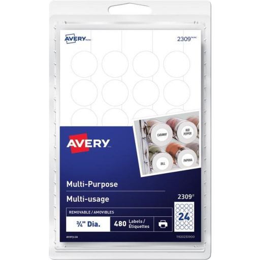 Avery? Multi-Purpose Removable Labels for laser and inkjet printers, ?"  Removable Matte White Paper / White / Removable