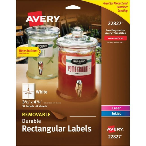 22827 WHITE DURABLE RECTANGULAR LABELS, 4 3/4" X 3 1/2", 8 S