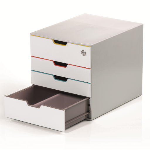 DURABLE VARICOLOR Keyed Lock Desktop Drawer Organizer, 4 Color-Coded Drawers, Stackable, Soundless, 11.5" H x 14" D x 11" W , Gray & Multicolored (762627)