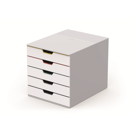 DURABLE Desktop Drawer Organizer (VARICOLOR MIX 5 Compartments with Removable Labels) 11" w x 14" d x 11.375" h, White & Multicolored (762527)