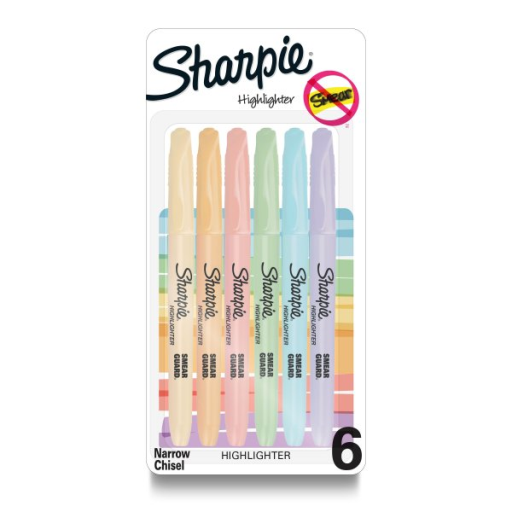 Sharpie Pocket Highlighters, Narrow Chisel Tip, Mild Pastel Colours, 6 Count