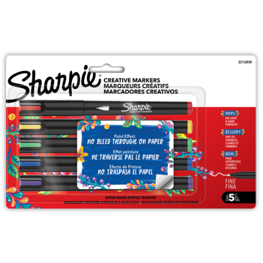 Sharpie Creative Markers, Water-Based Acrylic Paint Markers, Fine Tip, Assorted, 5 Count