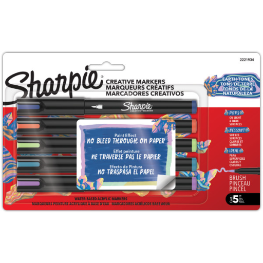 Sharpie Creative Markers, Earth Tones, Water-Based Acrylic Markers, Brush Tip, Assorted Colours, 5 Count