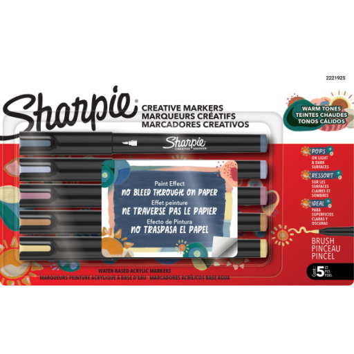 Sharpie Creative Markers, Warm Tones, Water-Based Acrylic Markers, Brush Tip, Assorted Colours, 5 Count