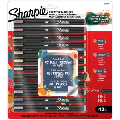 Sharpie Creative Markers, Warm Tones, Water-Based Acrylic Markers, Fine Tip, Assorted Colours, 12 Count