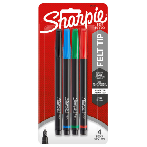 Sharpie Pens, Felt Tip, Fine Point (0.4 mm), Assorted Colours, 4 Count