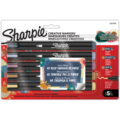 Sharpie Creative Markers, Warm Tones, Water-Based Acrylic Markers, Bullet Tip, Assorted Colours, 5 Count