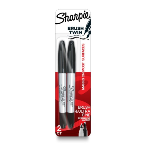 Sharpie Brush Twin Permanent Markers, Brush Tip Marker and Ultra Fine Tip Marker, Black, 2 Count
