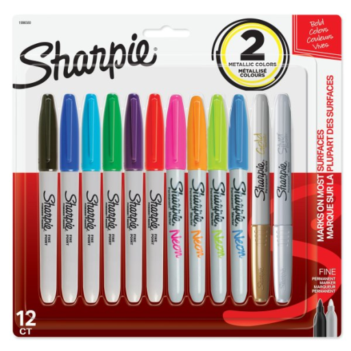Sharpie Permanent Markers, Fine Point, Assorted Colours, 12 Count