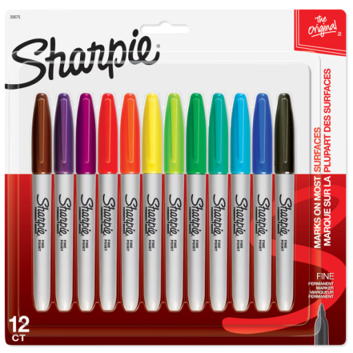 Sharpie Permanent Markers, Fine Point, Assorted Colours, 12 Count