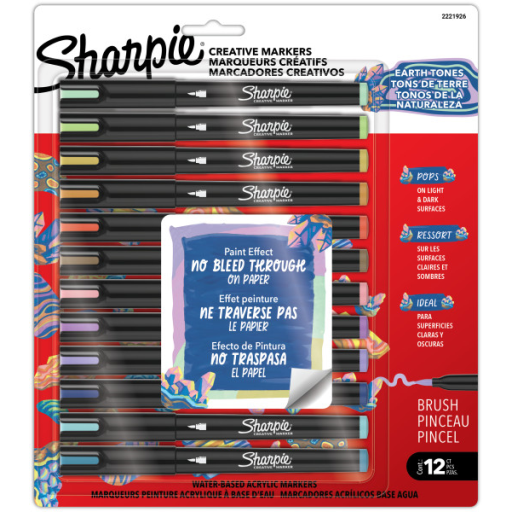 Sharpie Creative Markers, Earth Tones, Water-Based Acrylic Markers, Brush Tip, Assorted Colours, 12 Count