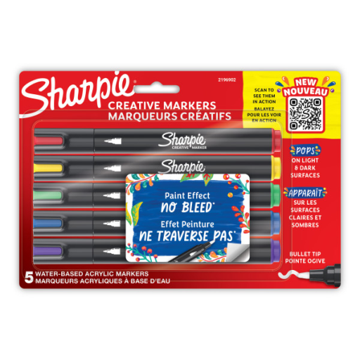 Sharpie Creative Markers, Water-Based Acrylic Markers, Bullet Tip, Assorted Colours, 5 Count
