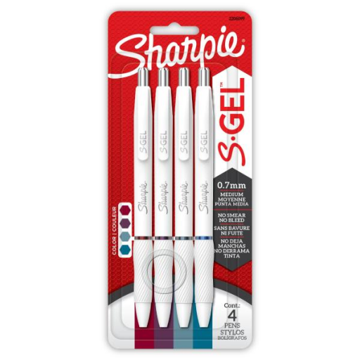 Sharpie S-Gel Pens, Fashion Barrel Gel Pens, Pearl White Body, Medium (0.7mm) Point, Bold Jewel Colour Assortment, 4 Count