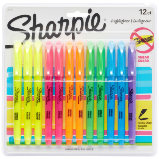 Sharpie Pocket Highlighters, Narrow Chisel Tip, Assorted Colours, 12 Count