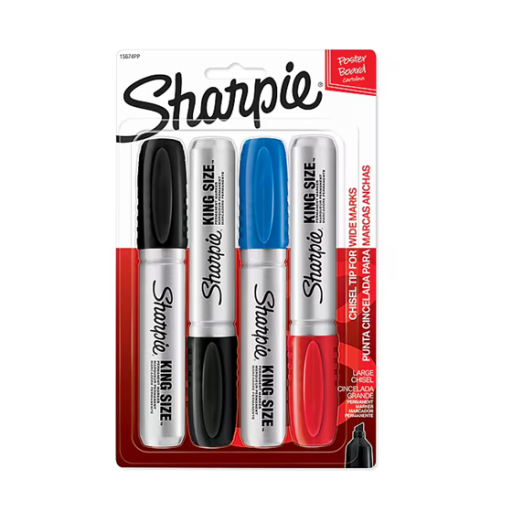Sharpie King Size Permanent Markers, Chisel Tip, Assorted, 4/Pack