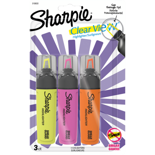 Sharpie Highlighter, Clear View Highlighter with See-Through Chisel Tip, Tank Highlighter, Assorted Colours, 3 Count