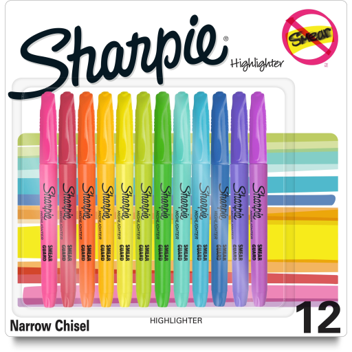 Sharpie Pocket Highlighters, Narrow Chisel Tip, Assorted, 12 Count