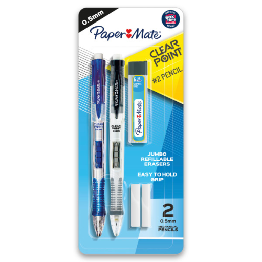 Paper Mate Clearpoint Mechanical Pencils, HB #2 Lead (0.5 mm), Assorted Barrel Colours, 2 Pencils, 1 Lead Refill Set, 2 Erasers