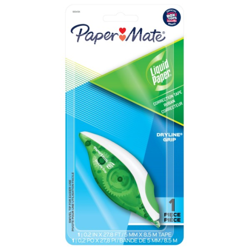 Paper Mate Liquid Paper DryLine Grip Correction Tape, Green Dispenser, 1 Count