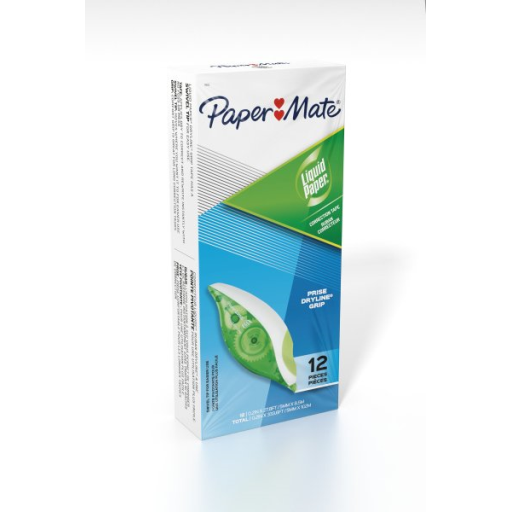 Paper Mate Liquid Paper DryLine Grip Correction Tapes, Green Dispensers, 12 Count