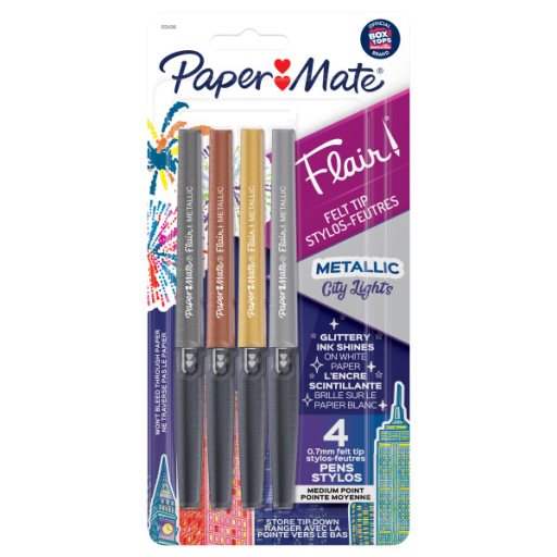 Paper Mate Flair Pens, Metallic Felt Tip Pens, City Lights, Glittery Ink Shines on White Paper, Assorted Colours, 4 Count