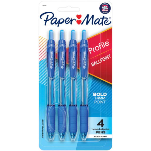 Paper Mate Profile Retractable Ballpoint Pens, Bold Point (1.4 mm), Blue, 4 Count