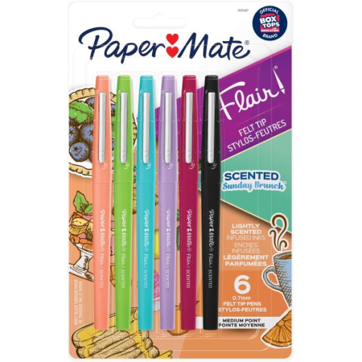 Paper Mate Flair Scented Felt Tip Pens, Assorted Sunday Brunch Scents and Colours, Medium Point (0.7 mm), 6 Count