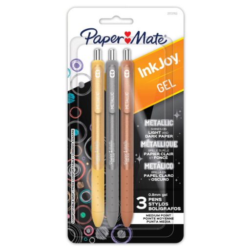Paper Mate InkJoy Gel Pens, Metallic Pens, Retractable, Medium Point (0.8 mm), Assorted Colours, 3 Count