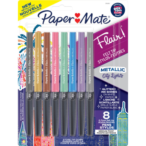 Paper Mate Flair Pens, Metallic Felt Tip Pens, City Lights, Glittery Ink Shines on White Paper, Assorted Colours, 8 Count