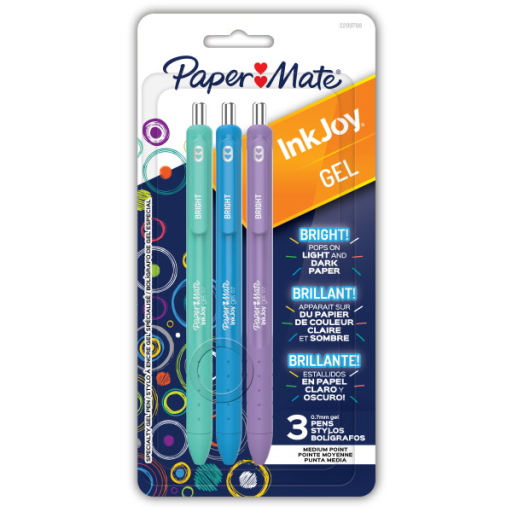 Paper Mate InkJoy Bright Pens, Gel Pens with Paint-like Ink, Medium Point (0.7 mm), Retractable, Assorted Brighter Colours, 3 Count