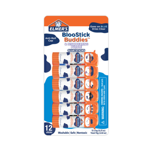 Elmer's BlooStick Buddies Glue Sticks, Disappearing Blue Glue Stick, Anti-Roll Cap, 6g, 12 Count