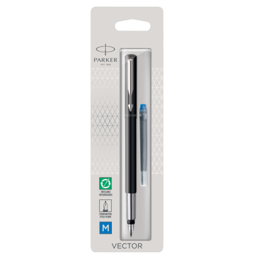 Parker Vector Fountain Pen, Black with Chrome Trim, Medium Nib, Blue Ink, Hangtab