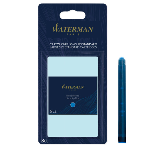 Waterman Fountain Pen Ink Cartridges, Long Standard, Serenity Blue, 8 Count