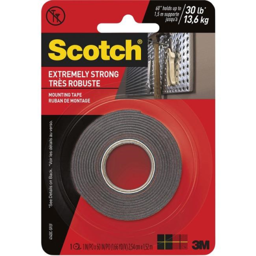 Scotch-Mount? Extreme Double-Sided Mounting Tape 414H-DC-EF, Black, 1 in x 60 in (2.54 cm x 1.52 m), 1 Roll/Pack