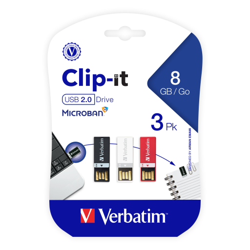 Verbatim 8GB Clip-It USB 3pk Black White Red