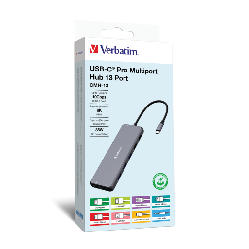 Verbatim CMH-13 USB-C Multiport Hub USB 3.1 GEN 2 PD x 2 / USB-A 3.0 x 3 / USB-A 3.1 / USB-A 2.0 x 2 / HDMI x 2 / DP / RJ45 / Audio
