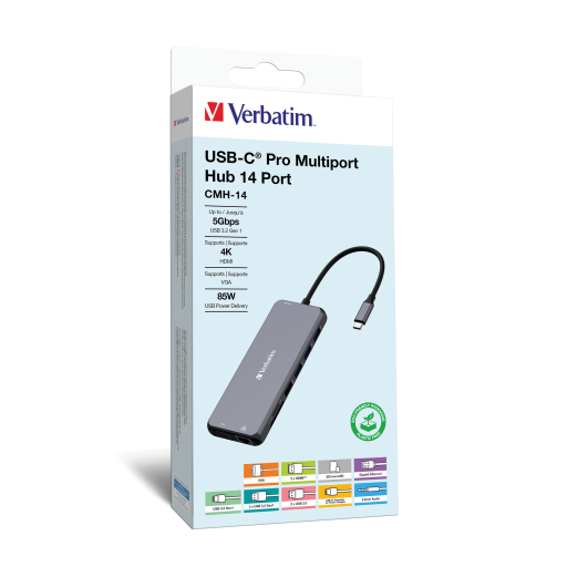 Verbatim CMH-14 USB-C Multiport Hub USB 3.2 GEN 1 PD / USB-A 3.0 x 3 / USB-C 3.0 / USB-A 2.0 x 2 / HDMI x 2 / VGA / SD / Micro SD / RJ45 / Audio