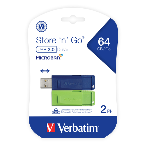 Verbatim 64GB SnG USB 2PK Blue/Green Retract