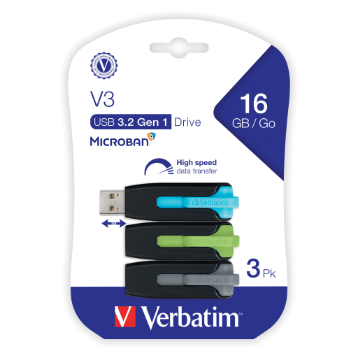 Verbatim 16GB V3 SnG V3 USB 3.0 3PK BL/GR/GREY
