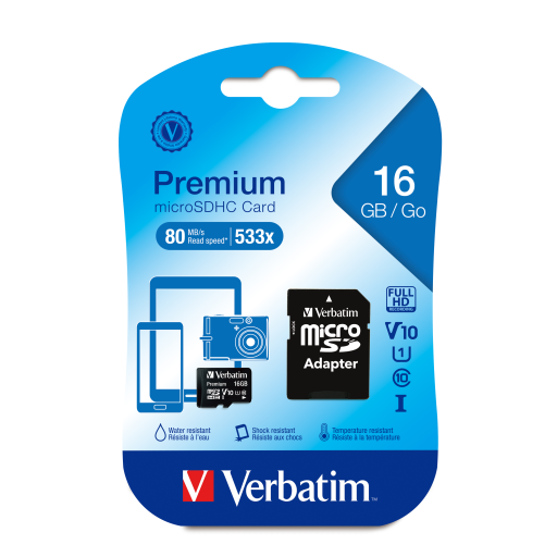 Verbatim 16GB Prem MicroSDHC UHS-I V10 Cls10 Adap