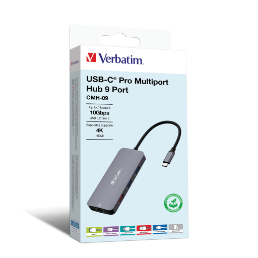 Verbatim CMH-09 USB-C Multiport Hub with USB-C 3.1 x 2 / USB-A 3.1 / USB-A 3.0 x 2 / HDMI / SD / MicroSD / RJ45