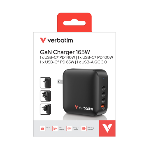 Verbatim Mini GaN Charger 165W 4 Port US plug with EU and UK adaptors