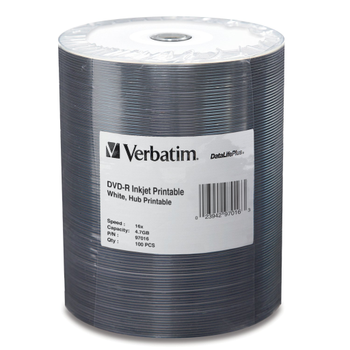 Verbatim DVD-R 16X WHT IJP HUB DL+ 100PK TAPE WR