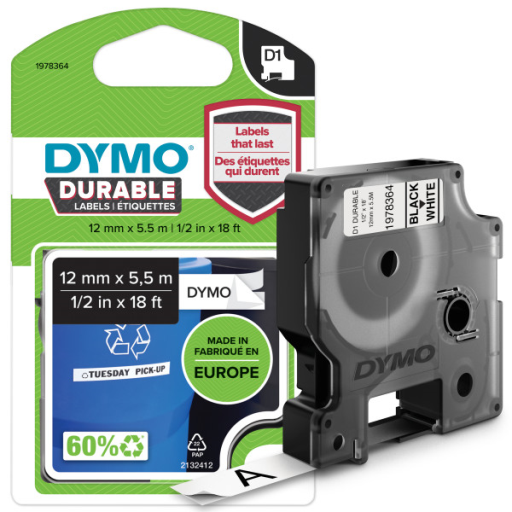 DYMO D1 Durable Labeling Tape for LabelManager Label Makers, Black Print on White Tape, 1/2" W x 18' L, 1 Cartridge