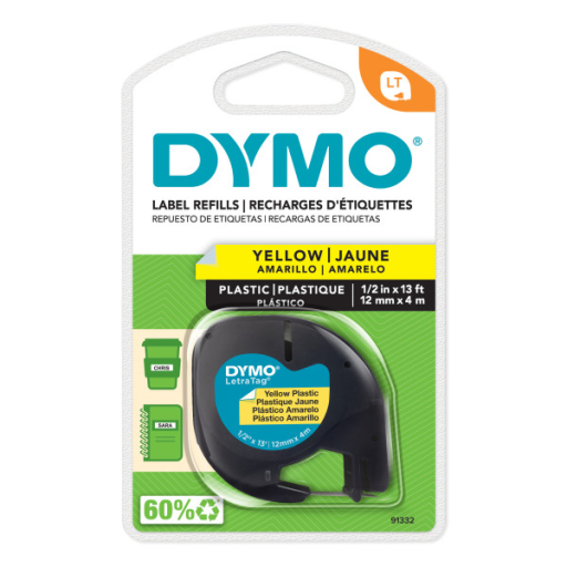 DYMO Labeling Tape for LetraTag Label Makers, Black Print on Yellow Labels, 1/2" x 13-Foot Roll