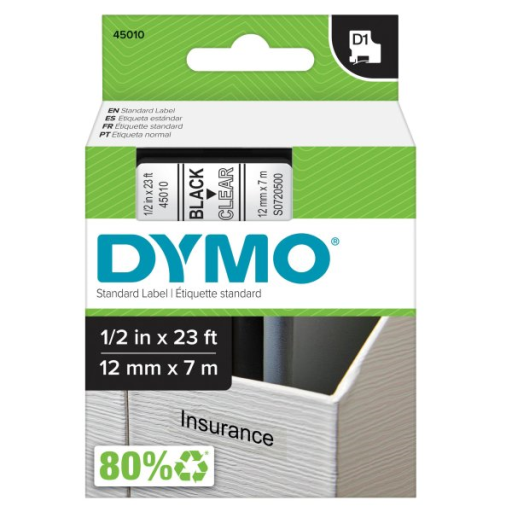 DYMO D1 Standard Labels for LabelManager Label Makers, 1/2" x 23-Foot, Black Print on Clear Tape, Self-Adhesive, 1 Cartridge