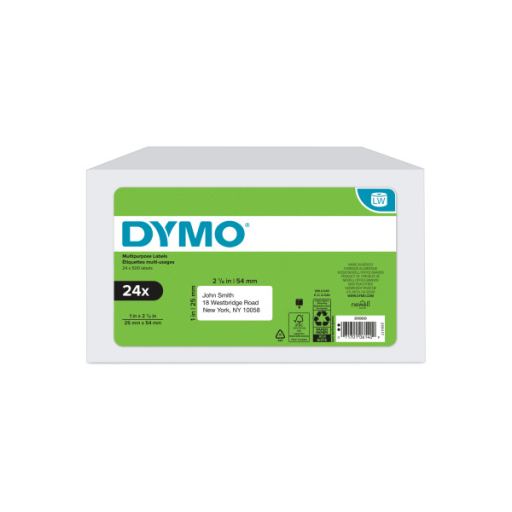 DYMO Authentic LW Multi-Purpose Labels for LabelWriter Label Printers, White, 1" x 2-1/8", 24 rolls of 500 (12000 Total)