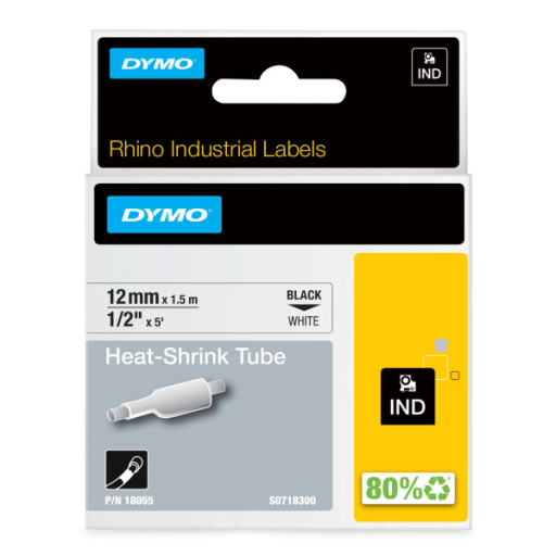 DYMO Rhino Industrial Heat-Shrink Labels, 1/2" Tube, Black Print on White
