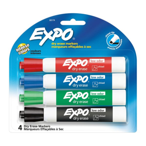 EXPO Dry Erase Markers, Low Odour Ink, Assorted Colours, Chisel Tip, 4 Count