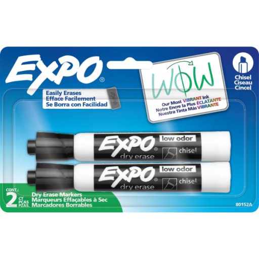 EXPO Dry Erase Markers, Low Odour Ink, Black, Chisel Tip, 2 Count